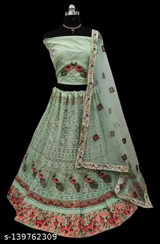 Embroidered festival wear lehenga set, free size, Indian net fabric with intricate patterns