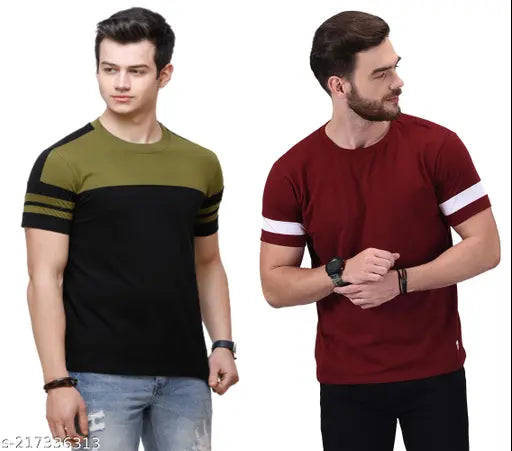 MultiColor cotton round neck t-shirt for men, colorblocked pattern, short sleeves, sizes S-XXL
