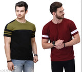 MultiColor cotton round neck t-shirt for men, colorblocked pattern, short sleeves, sizes S-XXL