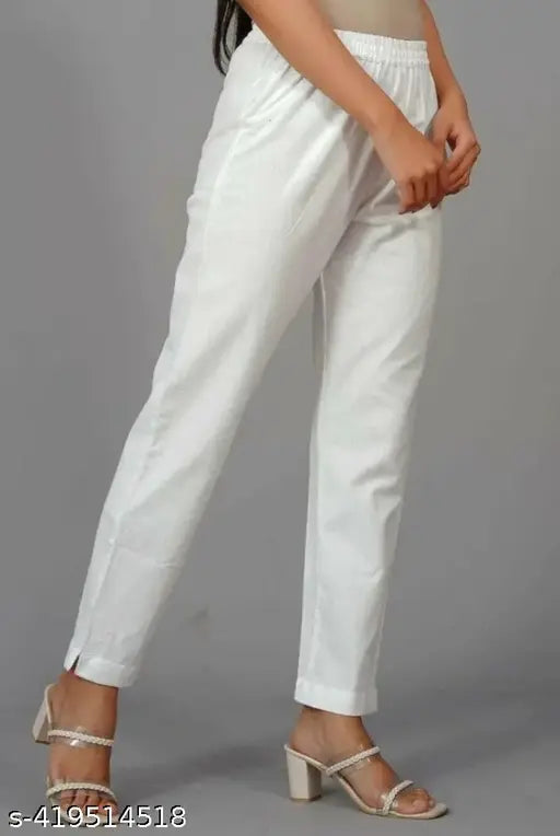 Women's white cotton blend trousers, pure cotton, comfortable and relaxed fit, Indian origin