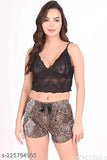 Leopard print nightwear set: sleeveless net crop top, shorts & robe (soft, smooth imported fabric), solid night suit for women