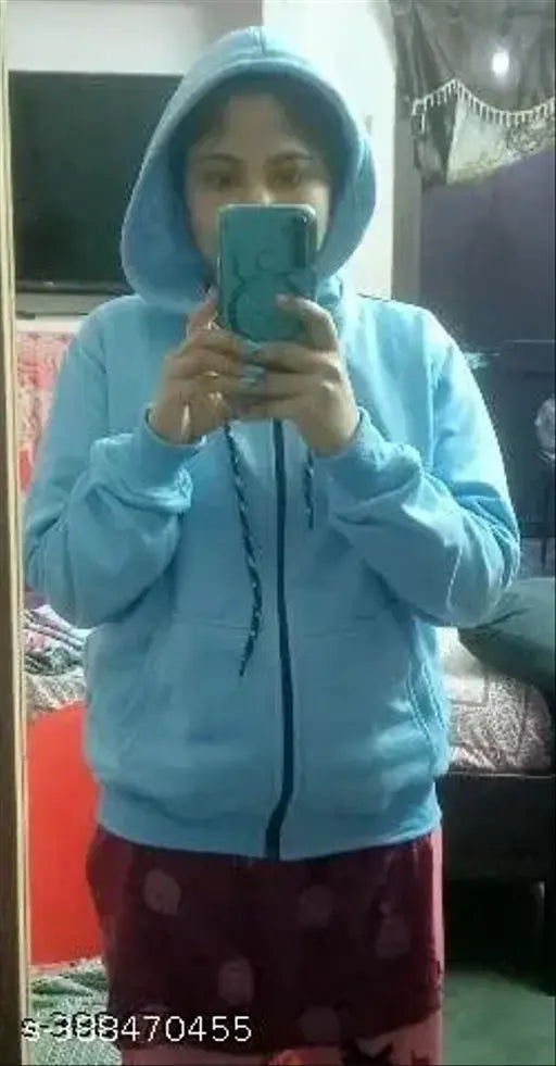 Sky blue fleece hoodie for women, soft and stylish fleece fabric, long sleeves, solid pattern