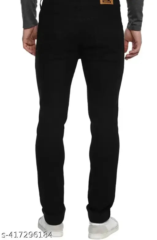 Black cotton men's branded slim fit jeans, modern style with comfortable mid-rise. Sizes: 28/30/32 (Waist: 28in/30in/32in, Length: 40in, Hip: 35in/37in/39in)