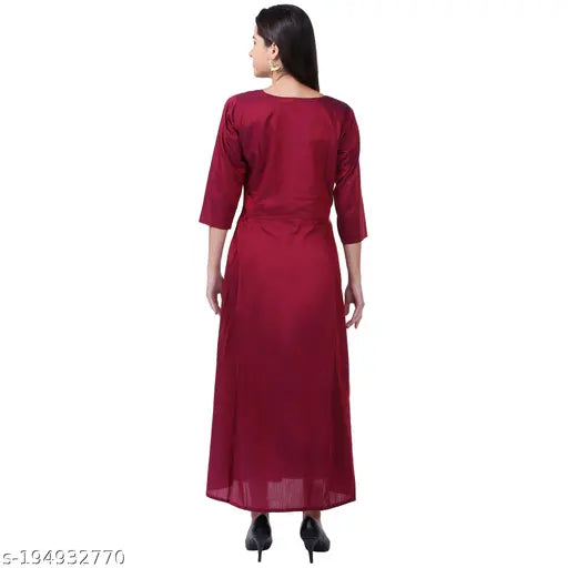 Maroon silk maxi gown with three-quarter sleeves, ideal for formal events