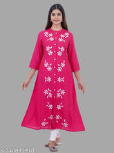 Pink Rayon Three-Quarter Sleeve Embroidered Kurti for Partywear - Women's Solid Cotton Fashionable Ethnicwear, India