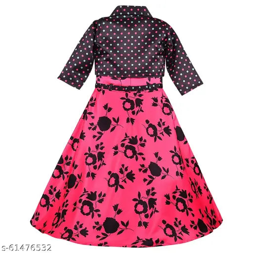 Pink satin printed net long gown dress with jacket for girls (3-4 years), spruce up children's wardrobe