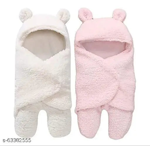 Fleece hooded baby swaddlers pack of 2, unisex sleeping bag baby care wrapper for newborns in solid prints, made by trusted BABYZONE brand from India