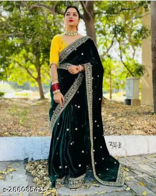 Velvet embroidered Bollywood-style Indian saree for parties, free size (5.5m length), separate dupion silk blouse