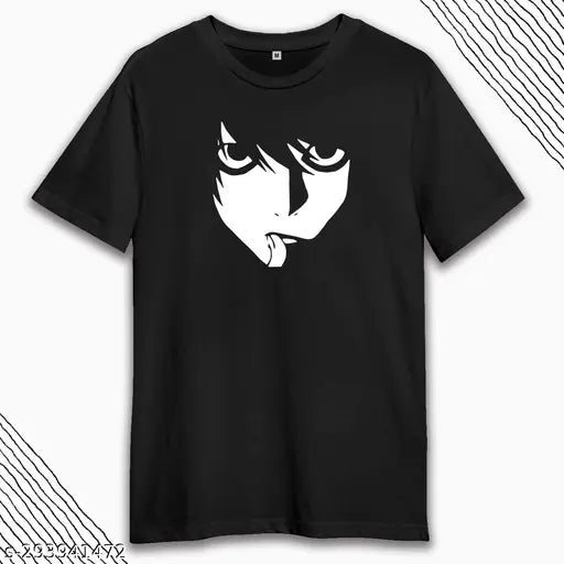 Black cotton round neck Death Note Anime T-shirt, graphic printed with cool character design, casual streetwear outfit for men