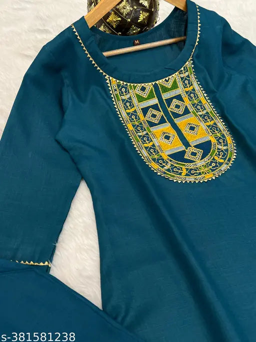 Fancy embroidery and sequence work cotton kurta pant set with 3/4 sleeves, multi-thread embroidery, 5mm sequins work in neck, suitable for traditional, casual, party, evening wear. Includes 1 Kurta, 1 Pant. Heavy cotton slub fabric. Available in M, L, XL, XXL sizes. Guaranteed quality satisfaction product. Note: color may slightly vary due to lighting sources; check size chart image for perfect measurements