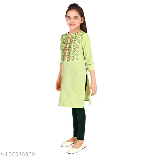 Chanderi cotton blend embroidered kurti set with leggings, A-line top for girls aged 4-16, printed, three-quarter sleeves. Made in India