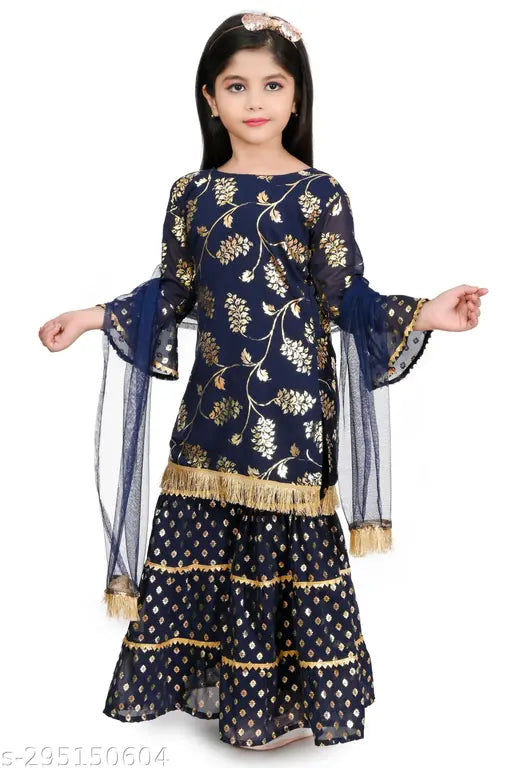 Chiffon chappa print sarara kurti set with dupatta for girls, featuring A-line top and sharara bottom, available in various sizes from 3-4 years to 10-11 years. Indian floral design on rayon fabric for festive occasions