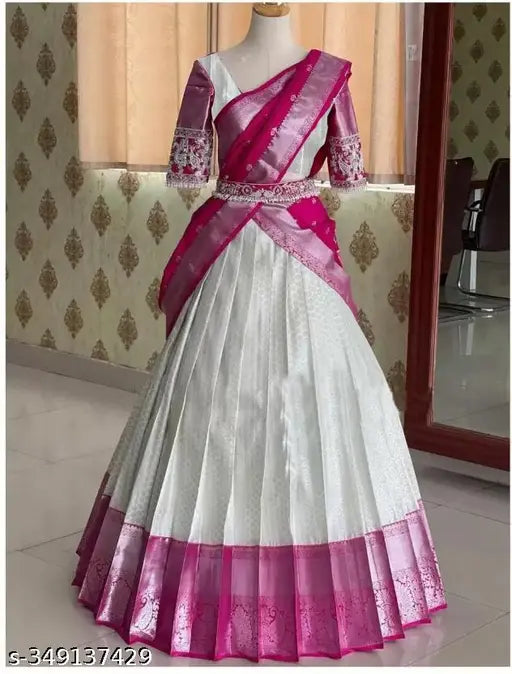 South Indian Traditional Half Saree Set - Unstitched Litchi Silk Zari Work, art silk dupatta and choli, beautiful tussles and belt included, latest designer collection from India