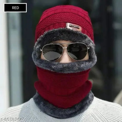 Red woolen beanie cap with neck warmer set - ideal for winter sports & outdoor activities, made in India