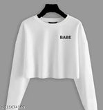 Long-sleeved women's cotton blend crop top with babe printed design, size XS-XL