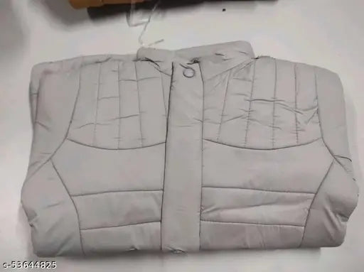 Grey nylon full sleeve jacket with fur hood, warm and cozy for winter use