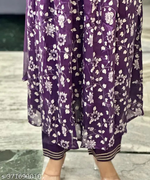 Purple Alia Cut printed cotton three-quarter sleeve top, features a combo pattern. Close-up shows size S suitable for bust size 36in and size length 42in. Made in India