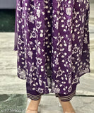 Purple Alia Cut printed cotton three-quarter sleeve top, features a combo pattern. Close-up shows size S suitable for bust size 36in and size length 42in. Made in India
