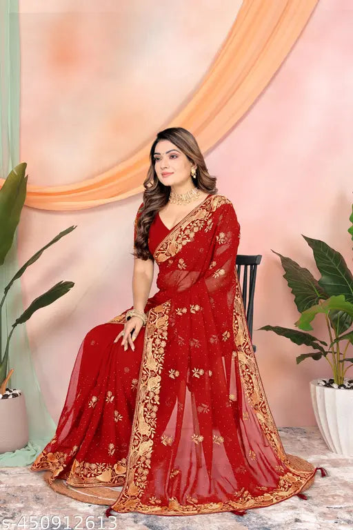 Purple embroidered silk saree with lightweight blouse, Georgette fabric, ideal for party wear