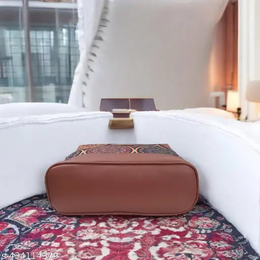 Light brown faux leather multicolor Jute printed sling bag for women, handcrafted & eco-friendly, durable design with 4 pockets, adjustable strap for crossbody wear