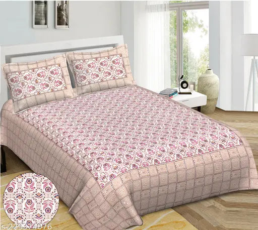 White and floral real Jaipuri cotton king size bedsheet combo pack with 4 pillow covers, ideal for summer. Made in India