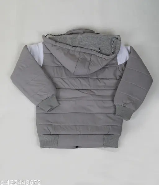 Kid's colorblocked polyester jacket with long sleeves, printed net pattern, and solid grey color. Available in multiple sizes from 2-3 Years to 7-8 Years, originating from India