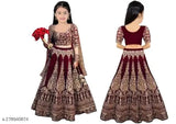 Embroidered velvet kids lehenga-choli set, net dupatta, short sleeves, traditional Indian wear