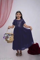 Denim embroidered ethnic gown for girls, short sleeves, party wear midi length dress