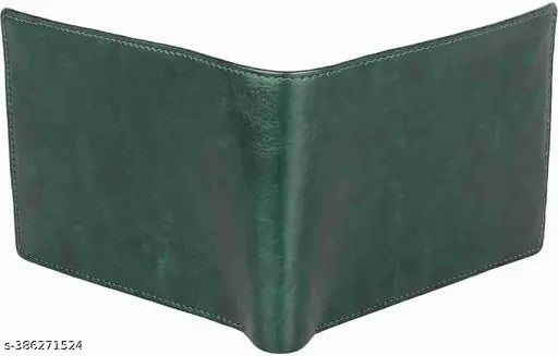 Trendy green two-fold artificial leather wallet for men and boys, featuring 5 card slots, durable design, and classy aesthetic. Perfect gifting option with multiple compartments for cards, coins, and currency. Made in India