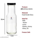 Clear, rust-proof, airtight black-capped Glass Bottles (200ml) for Milk & Juice - Reusable Water Spray Bottle, Made in India