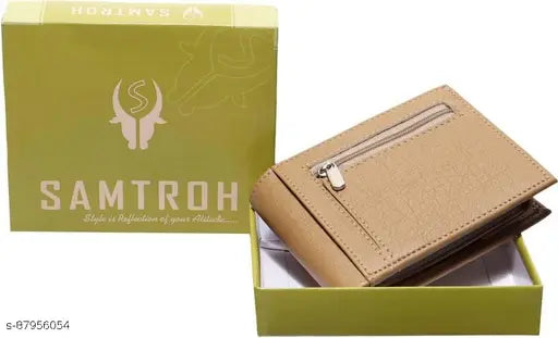 Beige PU leather Samtroh wallet for men, features 9 card slots, coin pocket, & zippered compartment - perfect gifting solution this festive season