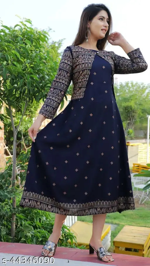 Rayon three-quarter sleeve printed combo Adrika Fabulous Kurtis, trendy Indian kurti with jacket in sizes M, L, XL, XXL