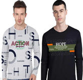 Cotton long-sleeved men's printed t-shirt combo featuring vibrant Indian designs, size options include S (36in/25in), M (38in/26in), L (40in/27in), XL (42in/28in)