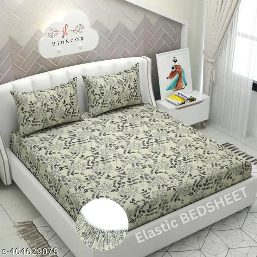 Cream grey superfine microfiber botanical print double elastic bedsheet with 2 pillow covers, ideal for summer use on standard size mattresses (72 x 78 inch / 182 x 198 cm)