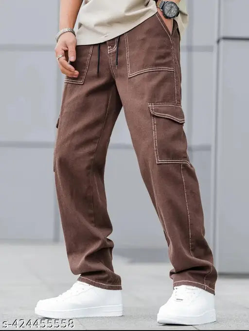 Men's brown cotton cargo pants, solid design, size 26/waist 26in, length 36in, hip 33in. Indian-made men's casual wear