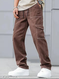 Men's brown cotton cargo pants, solid design, size 26/waist 26in, length 36in, hip 33in. Indian-made men's casual wear