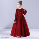 Red sequin work full-length net gown for girls (5-16 years), embroidered and velvet top, nylon net bottom, party wear, western style, India