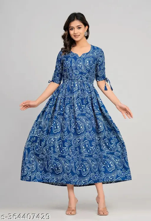 Blue Rayon, printed fit-and-flare Anarkali dress for women, short sleeves, machine washable
