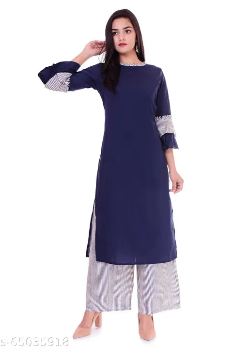Dark blue gold floral printed women's kurta & palazzo sets, cotton, three-quarter sleeves - Indian ethnic partywear and officewear