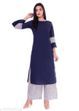 Dark blue gold floral printed women's kurta & palazzo sets, cotton, three-quarter sleeves - Indian ethnic partywear and officewear