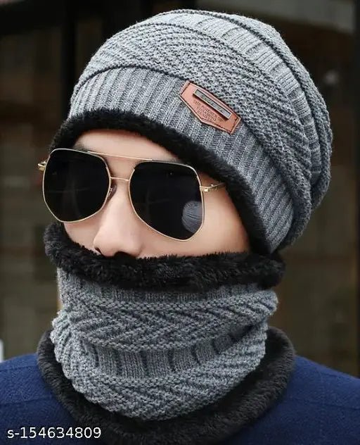 Striped wool unisex beanie hat & fleece-lined scarf set - warm winter accessory for indoor/outdoor activities, perfect gift, criss-cross basket weave design, Indian origin