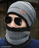 Striped wool unisex beanie hat & fleece-lined scarf set - warm winter accessory for indoor/outdoor activities, perfect gift, criss-cross basket weave design, Indian origin