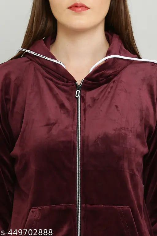 Women's wine-colored cotton blend track suit with long sleeves on hanger