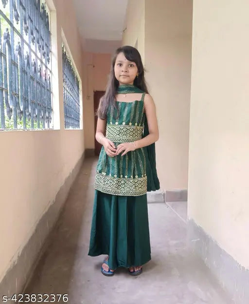 Embroidered Georgette baby girl kurta set, sleeveless palazzos with dupatta, Indian kids ethnic wear, 2-11 years sizes available