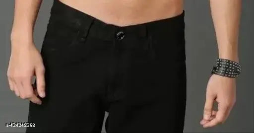 Men's black straight-leg jeans, high-quality cotton blend with dyed/washed pattern. Sizes available: 28, 30, 32, 34 (inches). Indian origin