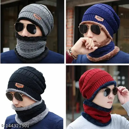 Black wool beanie cap set (2 pieces) with neck warmers, snow-proof & fur-knit, unisex winter hat (India)
