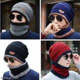 Black wool beanie cap set (2 pieces) with neck warmers, snow-proof & fur-knit, unisex winter hat (India)
