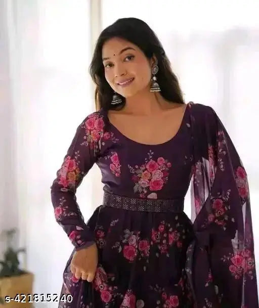 Flower print georgette long kurti with dupatta & belt (no bottomwear), three-quarter sleeves, Indian ethnic wear for events