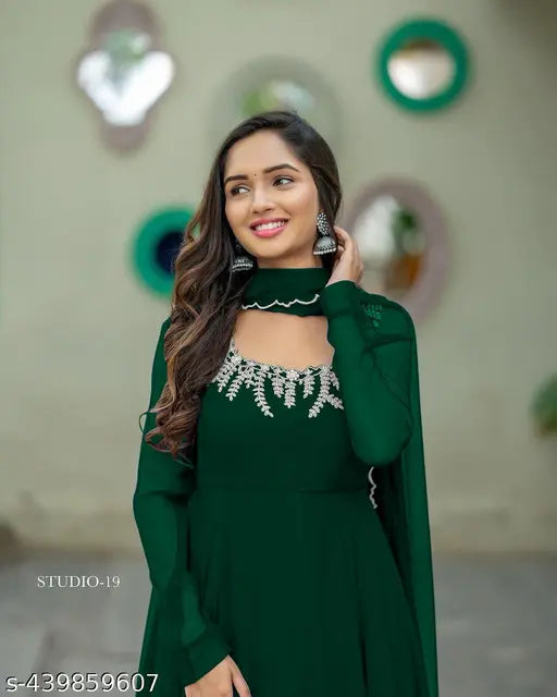 Green Georgette Anarkali Gown, floral embroidery, long sleeves