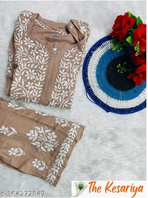 Embroidered rayon kurta and palazzo set, three-quarter sleeves with matching chikankari dupatta. Indian rayon chikankari work set in sizes M-6XL